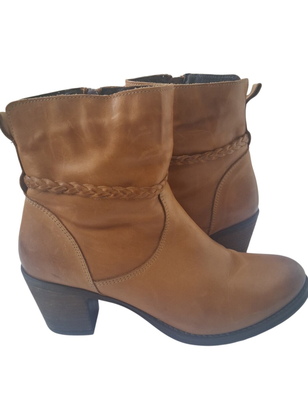Abeo Western Leather Ankle Boos Tan Braided Detail Chunky Heel Boho 41 US 9